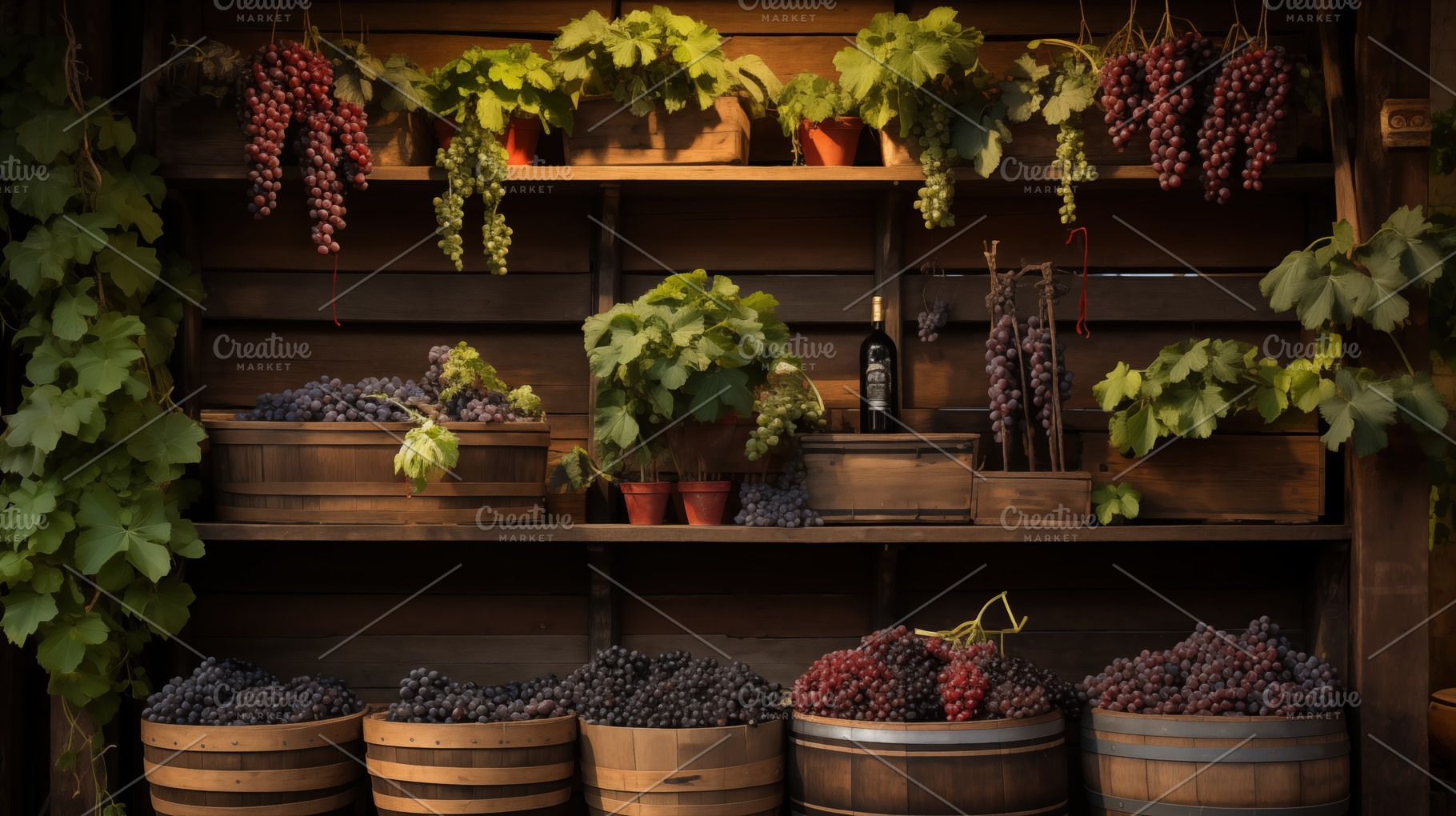 Wooden shelf with grapes in baskets, a Food & Drink Photo by Textures & Backgrounds