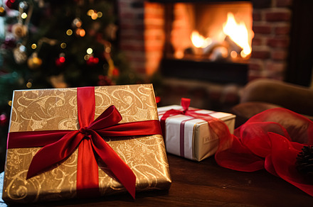 Christmas gift box near cosy fireplace in the English country co, a Photo by Anneleven