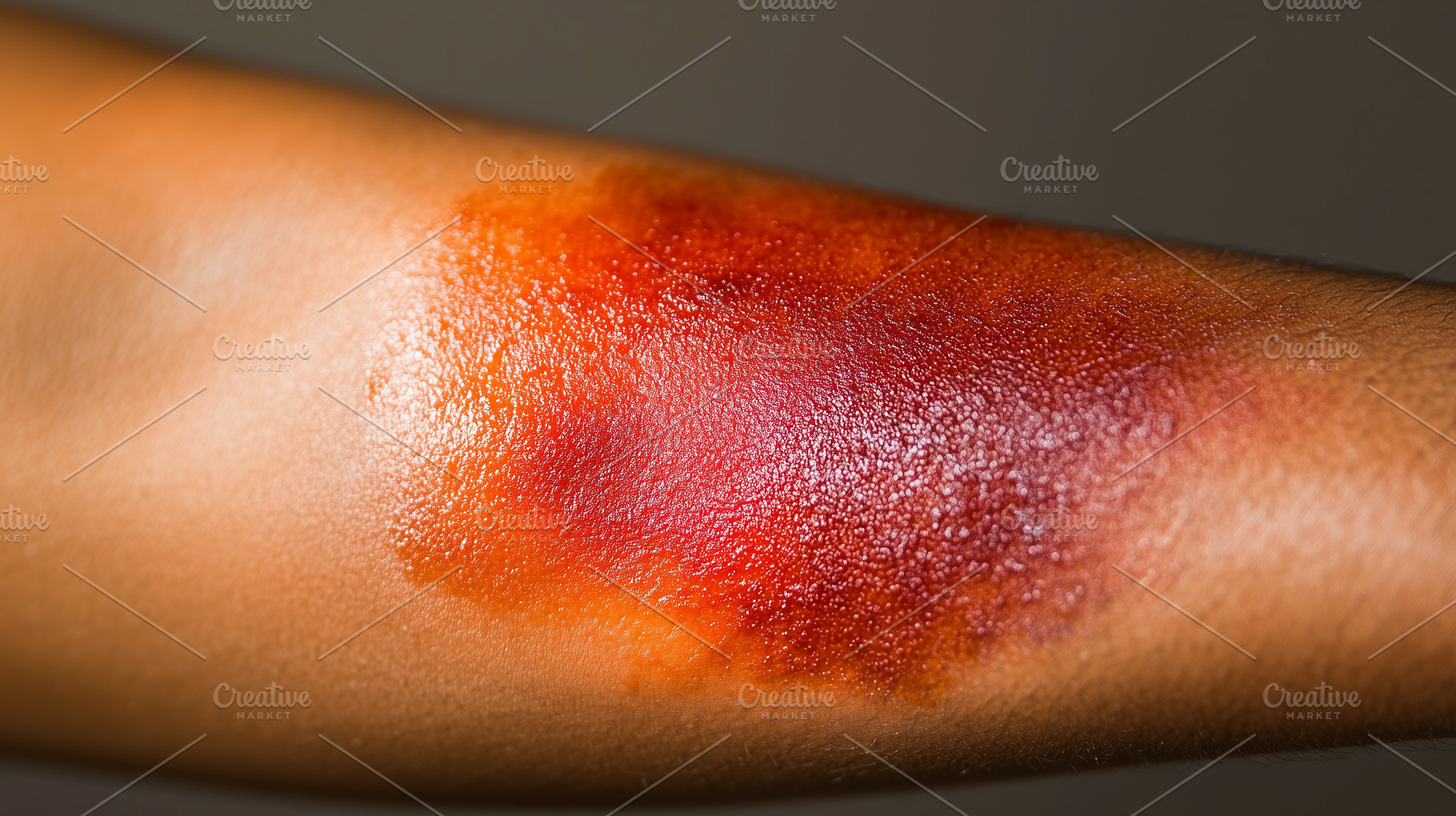 Close up of a severe red sunburn, a Health & Medical Photo by MistyDay