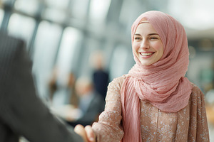Smiling Muslim woman in hijab shakin, a Photo by Pixeness Studio