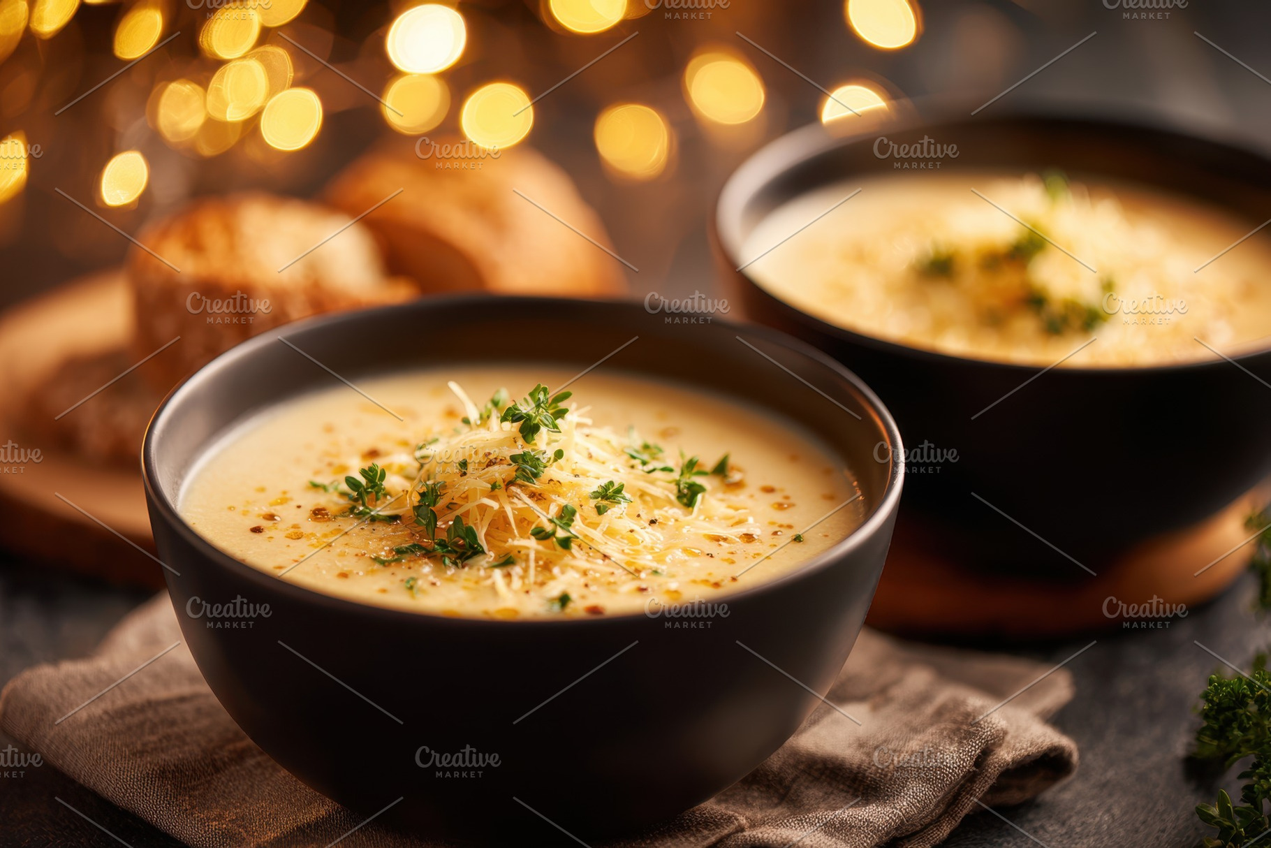 Vibrant soup with croutons and seeds, a Food & Drink Photo by AlyaAnd
