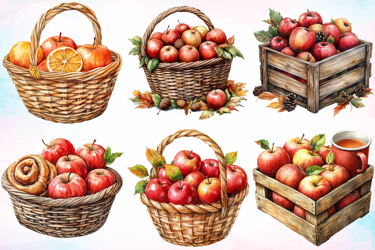 Watercolor Autumn Apple Basket PNG, a Seasonal Illustration by Canvas Craft (Photo 2 of 6)