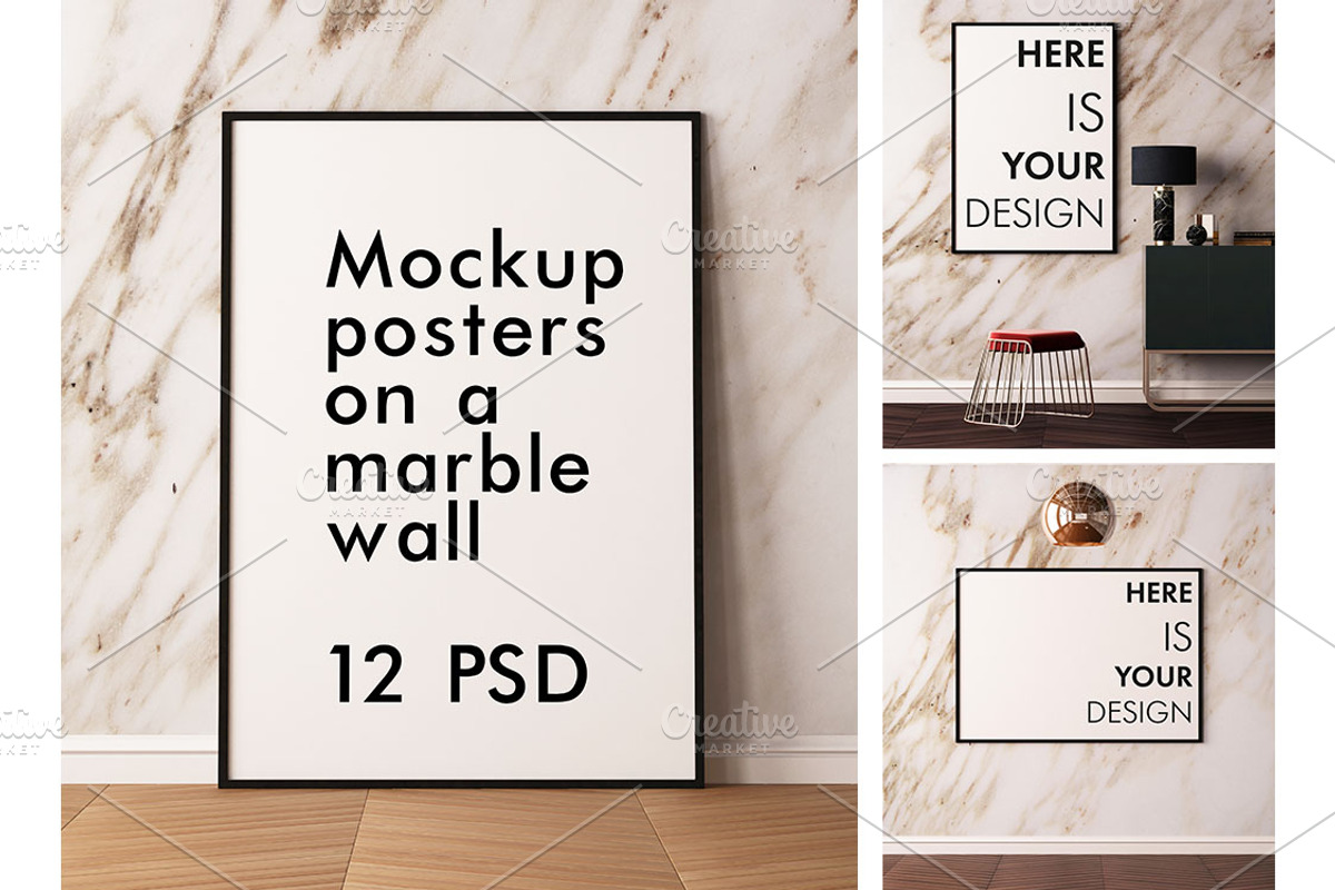 Mockup posters on a marble wall, a Print Template by FilL239 (Photo 1 of 13)