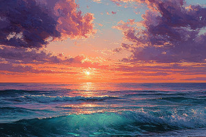 Ocean sunset vibrant colors waves be, a Photo by Pixeness Studio