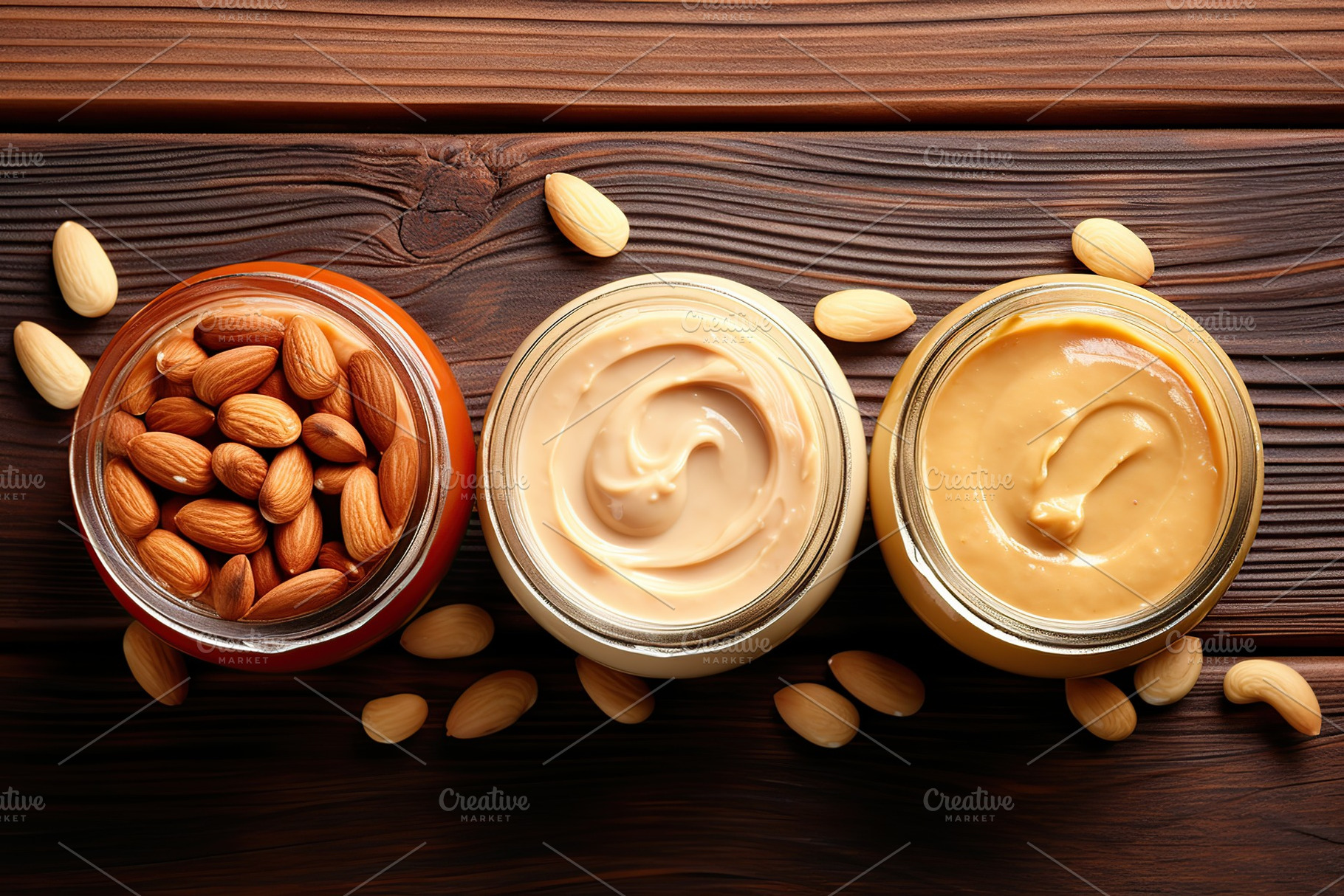 Glass jars of hazelnut, cashew and almonds butter on wooden background, a Food & Drink Photo by AlyaAnd