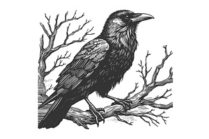 raven perched on branch vector, an Illustration by AlexArt