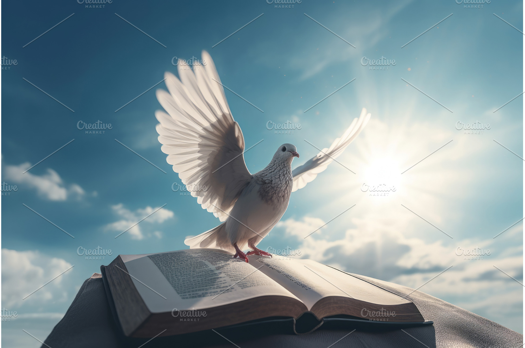 Dove on open bible book with blue, a Nature Photo by Ylivdesign