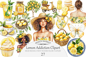 Watercolor Lemon Addiction Clipart, an Illustration by Design Market