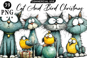 Cat And Bird Christmas Clipart, an Illustration by Daily.Designs