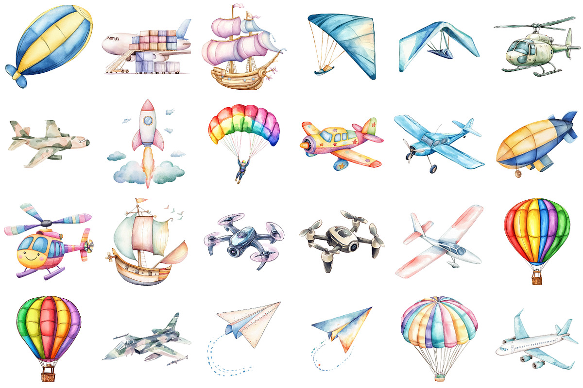 Air Transport Watercolor Clipart, an Illustration by Watercolor design (Photo 2 of 10)