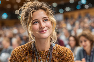 Young woman smiling in focus with blurred crowd in an indoor event, a Business Photo by AS photostudio