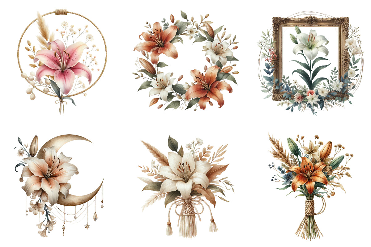 Watercolor Lily Flower Boho Clipart, an Illustration by DreamArtGraphic (Photo 2 of 5)