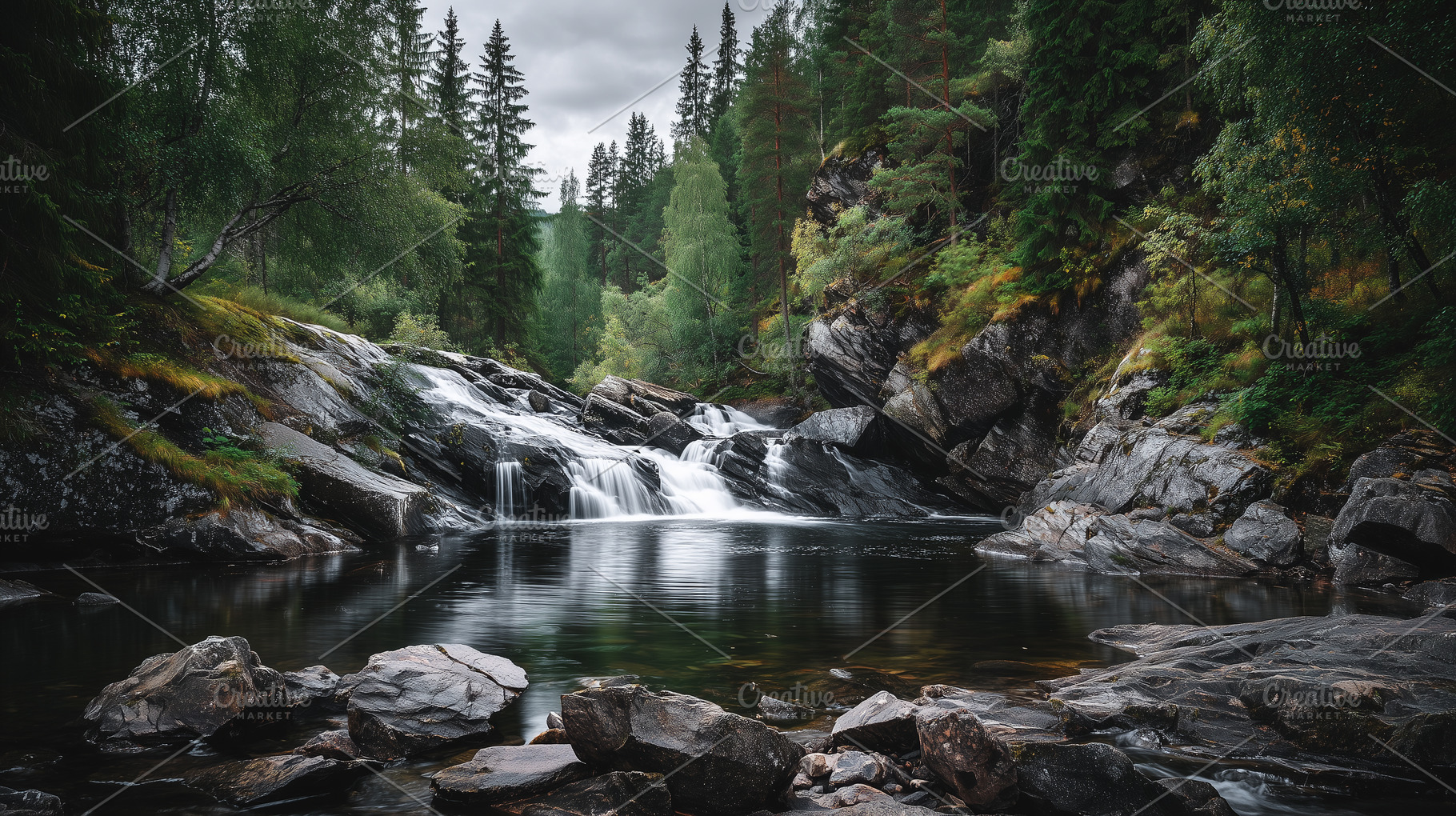 Serene waterfall cascades over dark, a Nature Photo by MistyDay