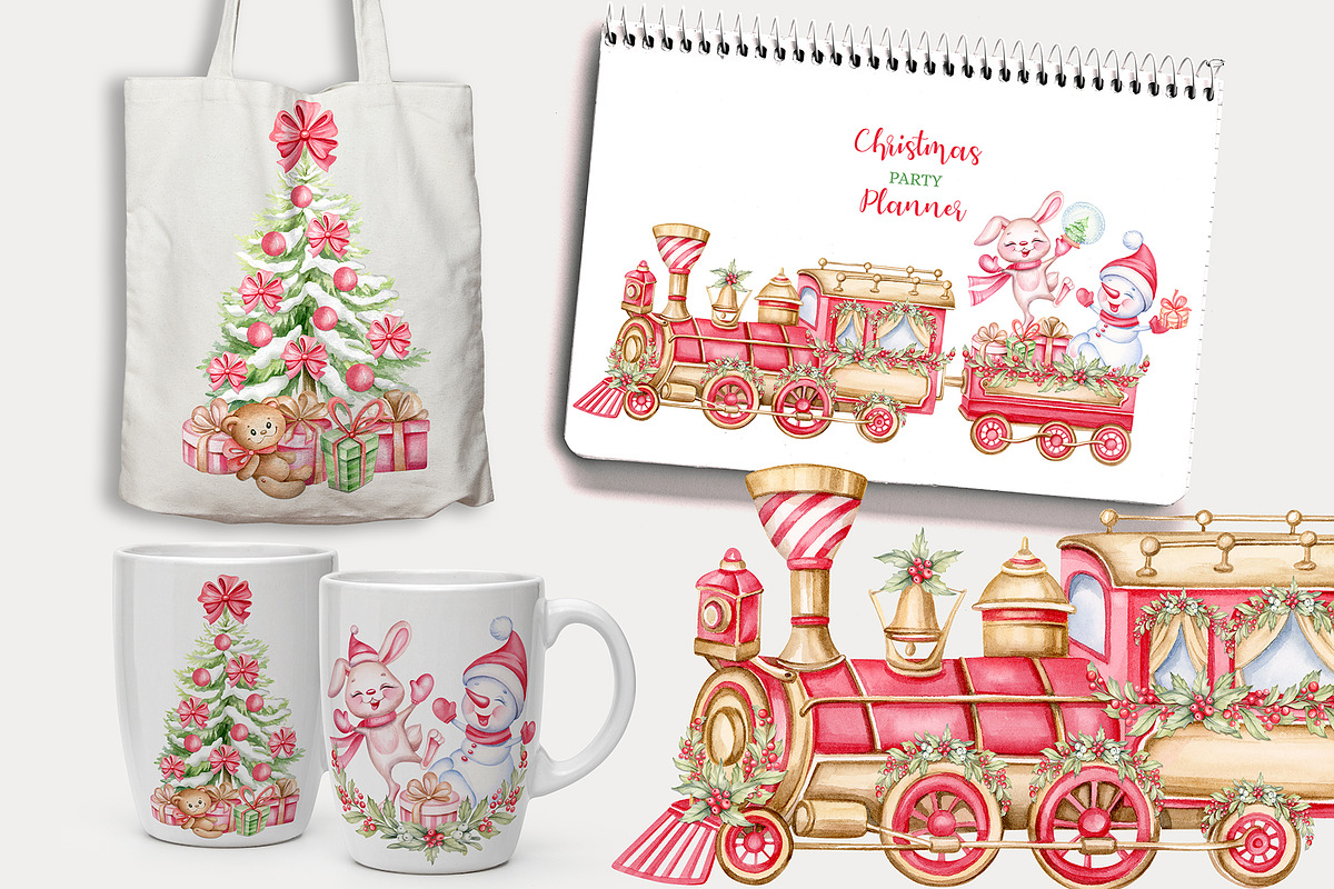 Christmas train watercolor clipart, an Illustration by MarinadeArt (Photo 7 of 8)