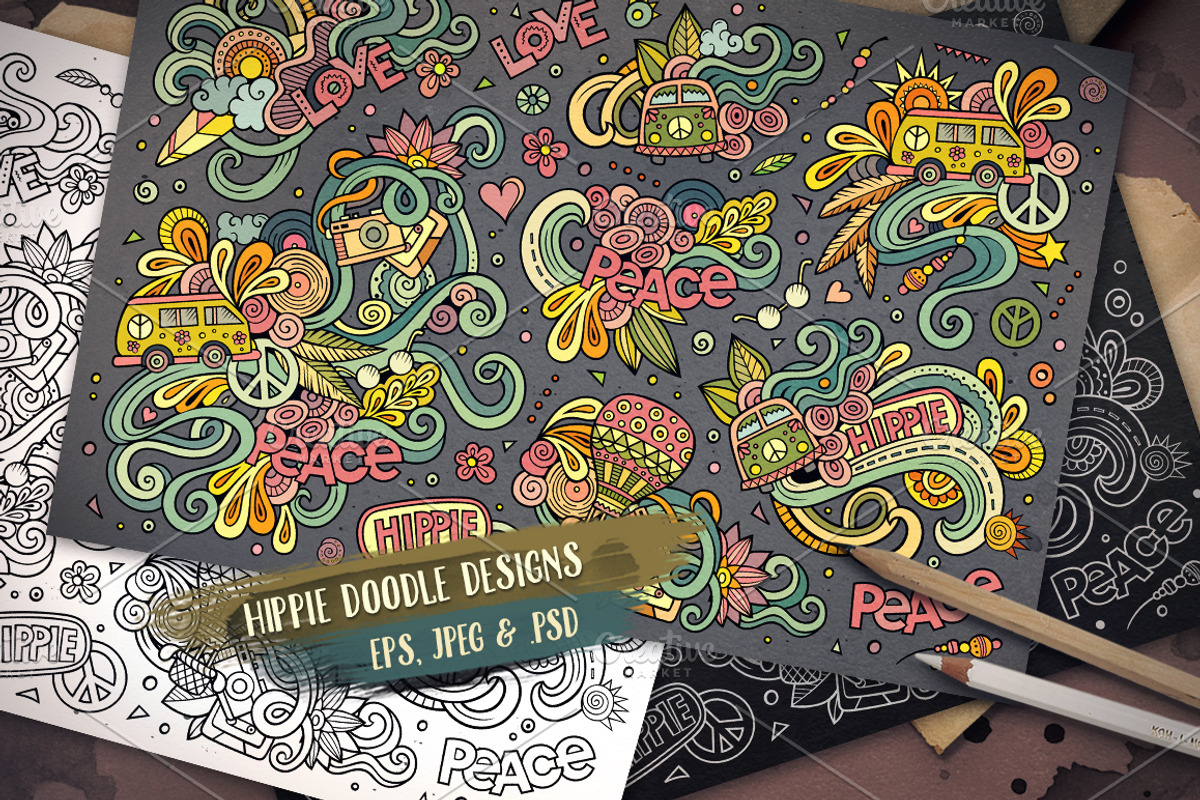 Hippie Doodles Designs Set, an Object Illustration by BALABOLKA (Photo 1 of 4)