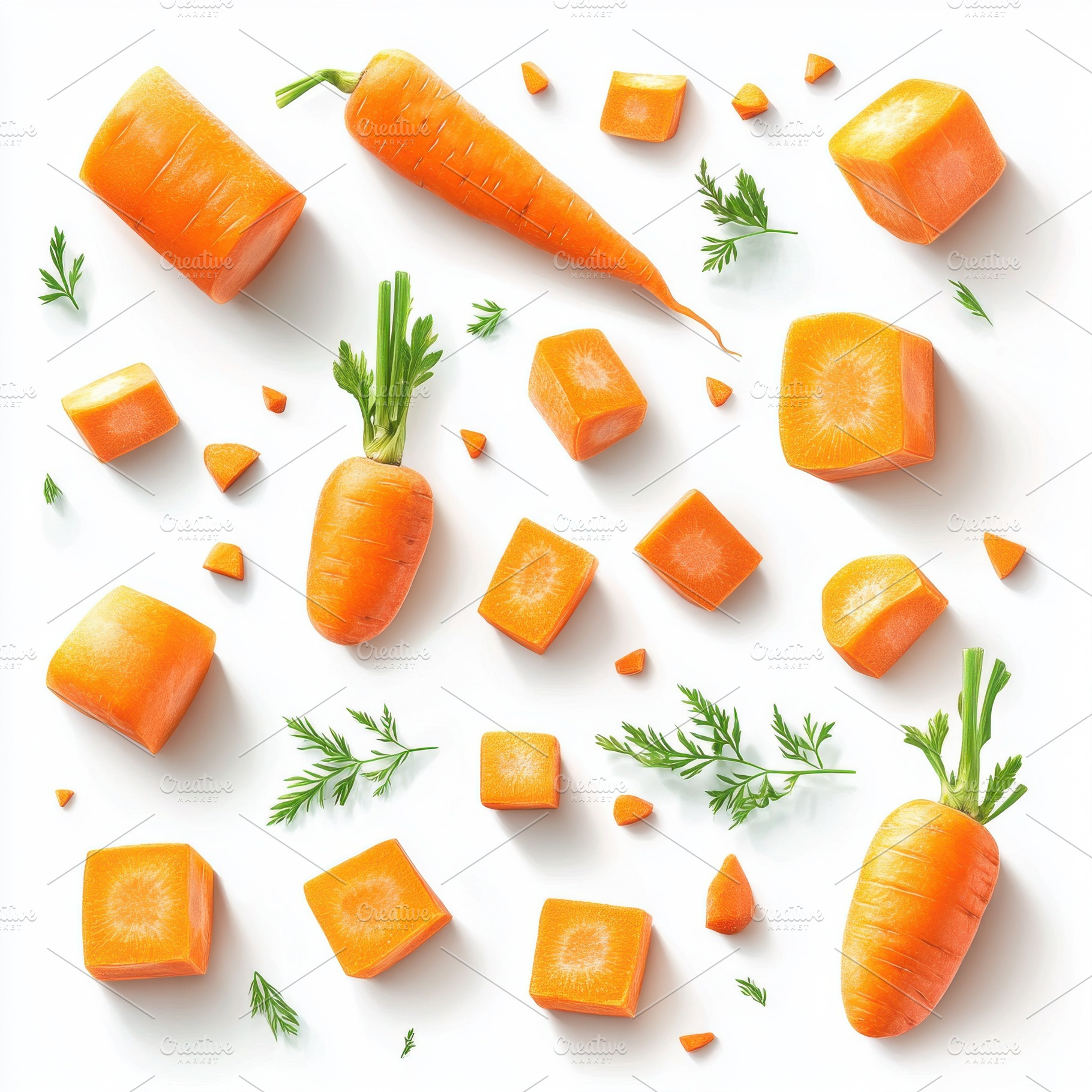 Fresh carrot and cut pieces, isolate, a Food & Drink Photo by Pixeness Studio
