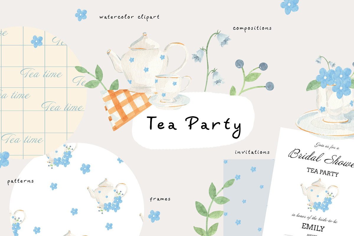 Tea Party Watercolor Clipart, a Decorative Illustration by natalisart (Photo 1 of 17)