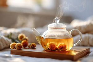 Steaming herbal tea in a glass teapot, a Food & Drink Photo by AlyaAnd
