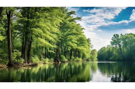 forest trees and lake ai generated, a Nature Photo by pikepicture