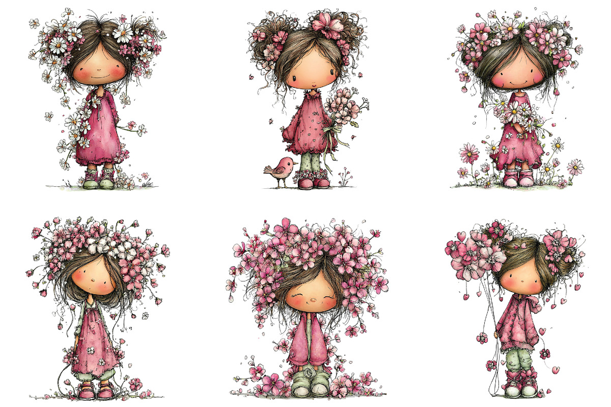 Whimsical Girl Flower Spring Clipart, an Illustration by CraftArtStudio (Photo 3 of 6)