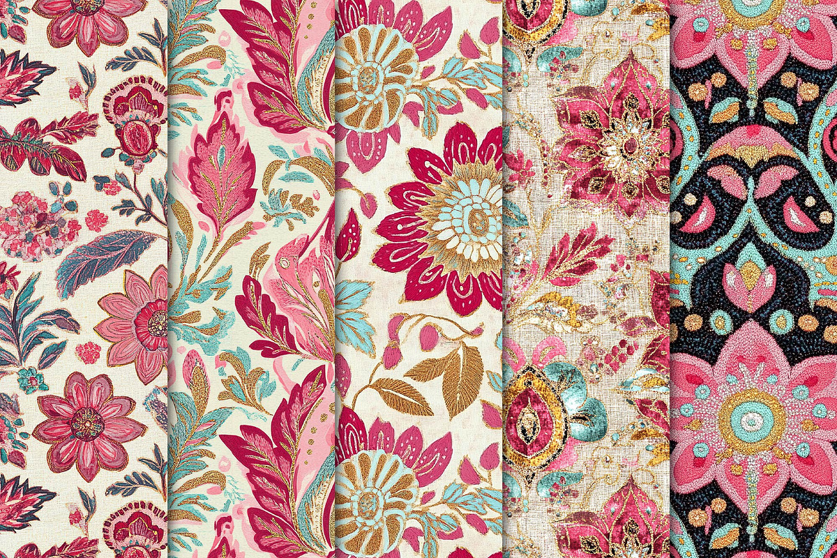 Floral Bird Embroidery Digital Paper, a Pattern Graphic by Maishop (Photo 3 of 3)
