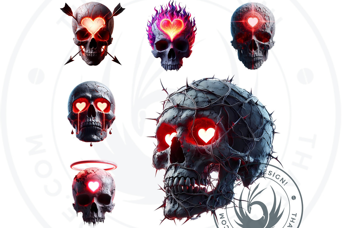 Valentines day Skulls clipart Set, a Seasonal Illustration by ThatsDesignArt (Photo 6 of 10)