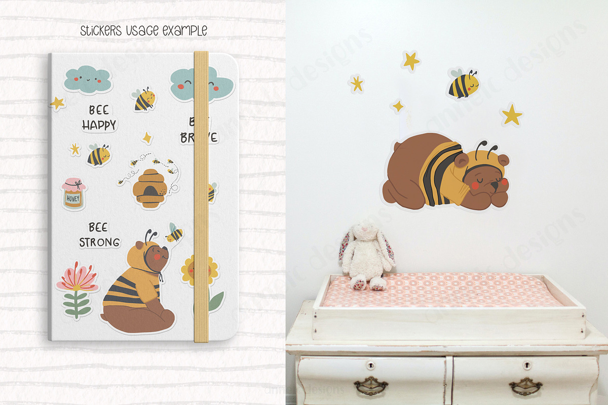 Cute bees, bears, flowers bundle, an Illustration by ann_etc (Photo 10 of 12)