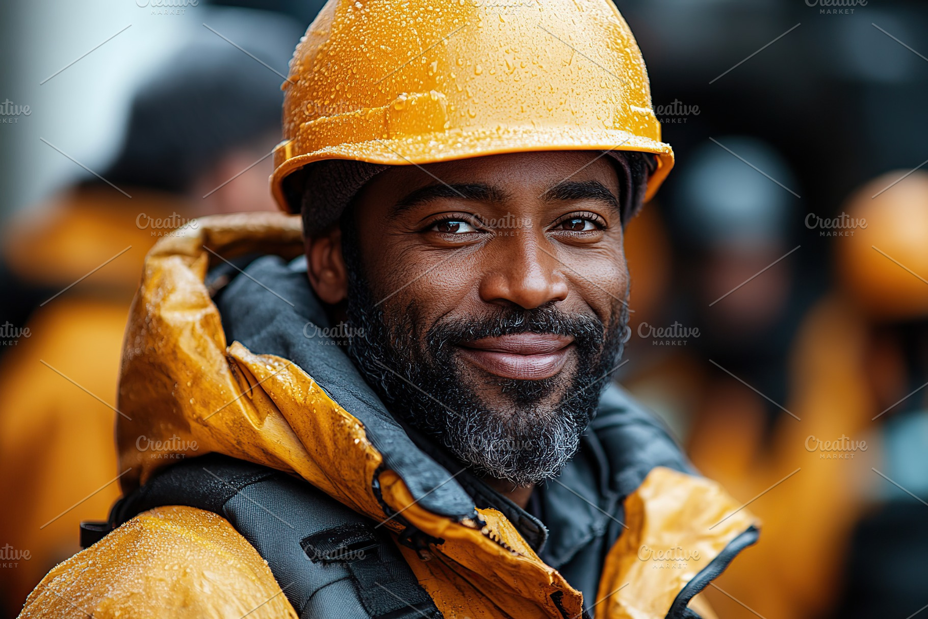 A man in a raincoat and hard hat smiles while working outdoors in the rain., an Industrial Photo by AlyaAnd