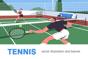 People play tennis on court banner, a Sport Illustration by Good Studio