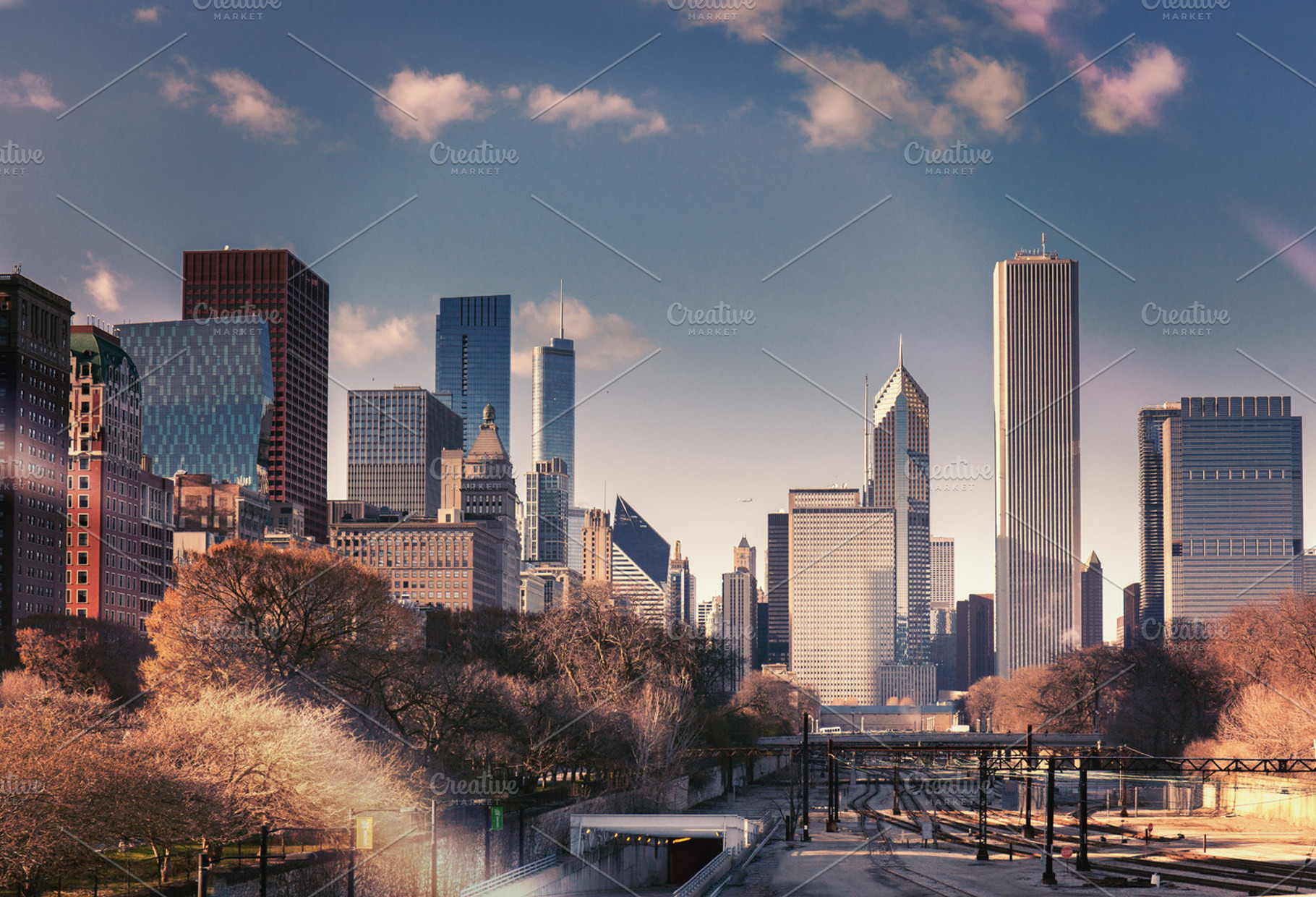 Chicago skyline in sunny spring day tinted, a Photo by Designifty