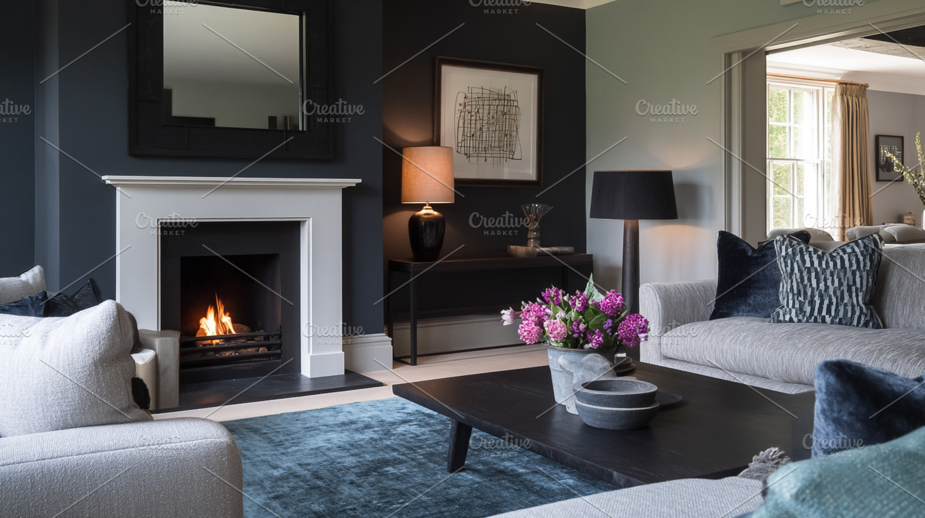 Modern living room interior featuring a lit fireplace, cozy sofa, a Photo by Studio ANNA