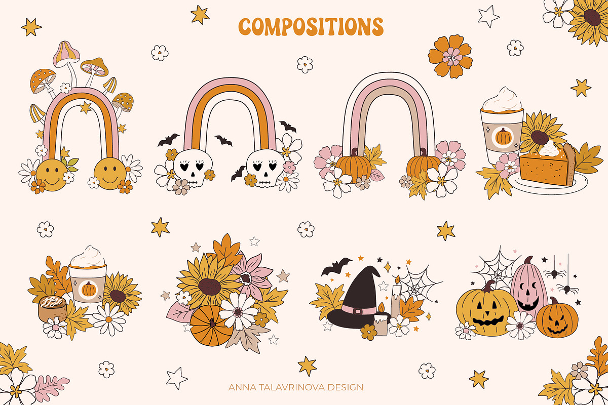 Retro Groovy Autumn Halloween, an Illustration by Cozy pattern shop (Photo 2 of 11)