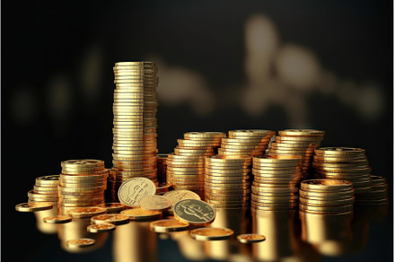 Gold coins stacked high representing, a Business Photo by Ylivdesign