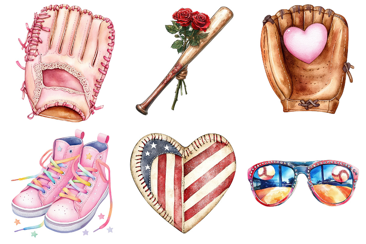 Retro Girly Baseball Clipart Sublima, an Illustration by Watercolor design (Photo 4 of 4)