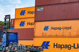 Hapag-Lloyd Shipping Containers and Truck at Port in Varna, Bulg, an Industrial Photo by Ales Munt