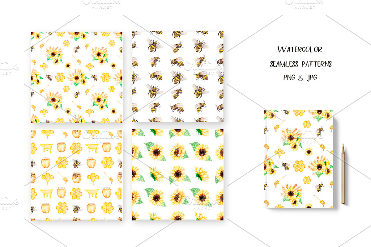 Watercolor Sunflowers, Honey & Bees, a Decorative Illustration by MayaNavits (Photo 5 of 9)