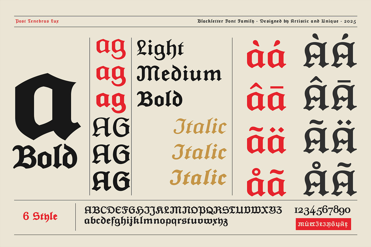 Post Tenebras Lux - Blackletter font, a Blackletter Font by Artistic & Unique (Photo 4 of 16)