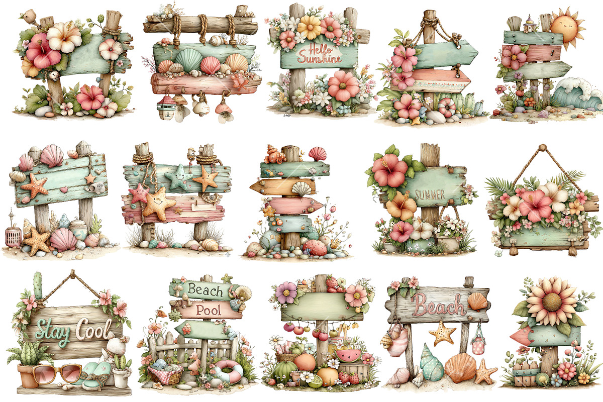 Whimsical Summer Wooden Sing Clipart, an Illustration by OK Design (Photo 3 of 6)