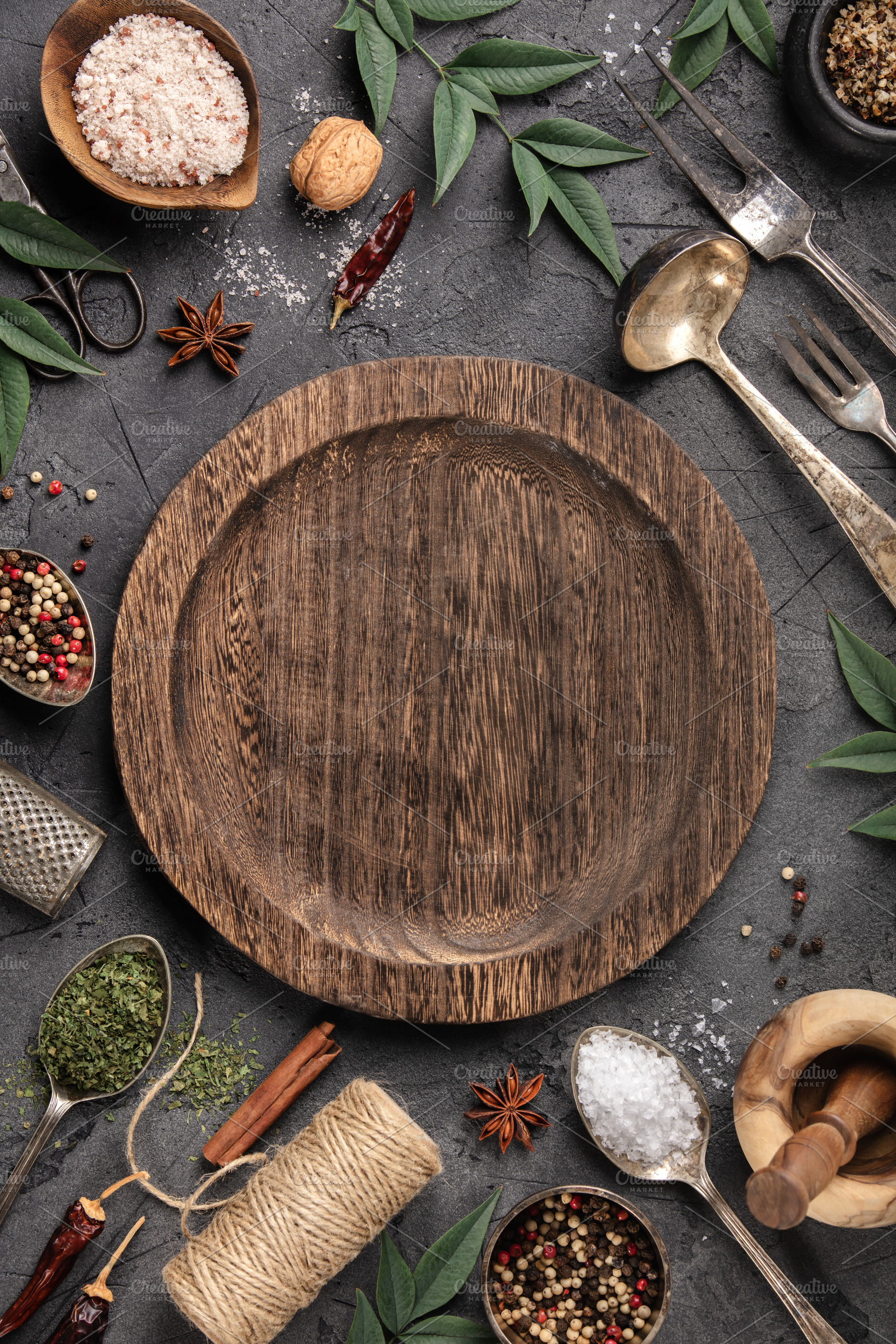 Rustic Culinary Flat-Lay with Vintage Silverware, Spices, and Em, a Food & Drink Photo by Natalia Klenova's Shop