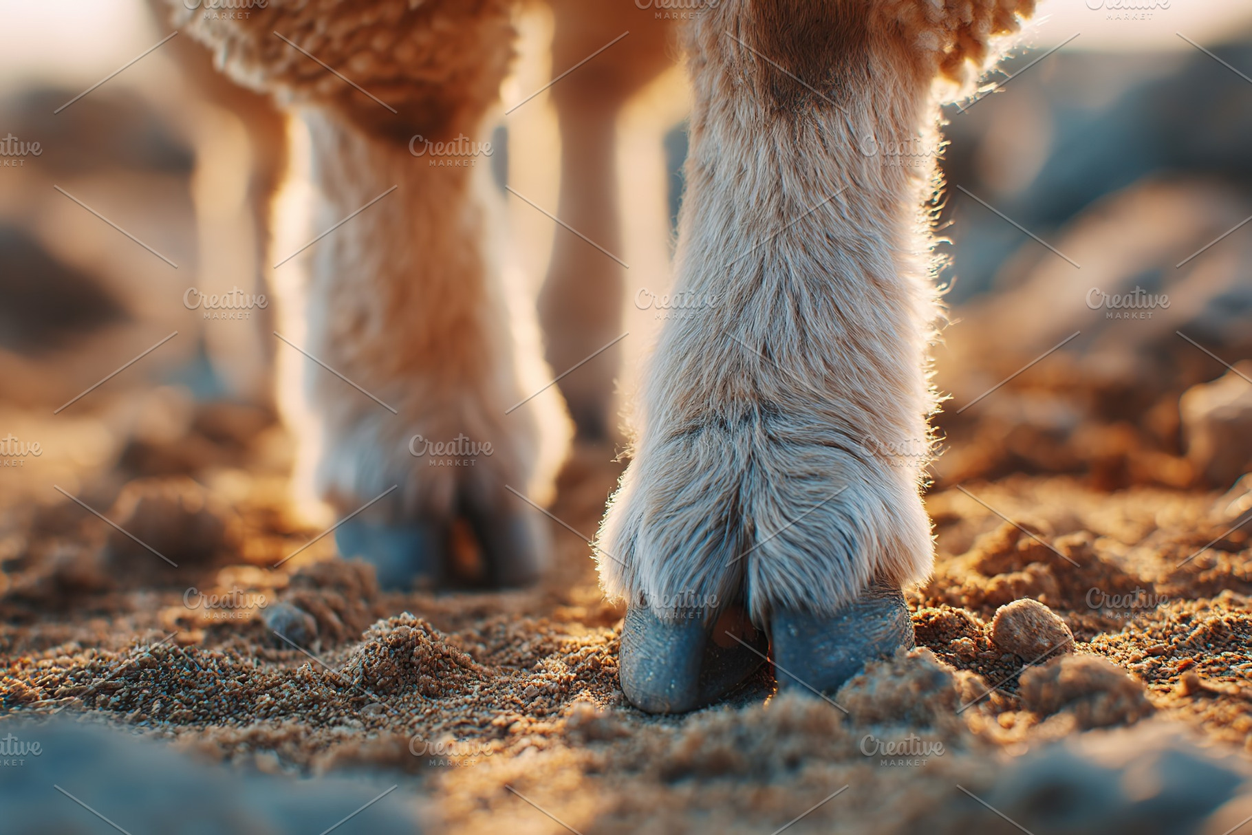 Close-up view of sheep hooves on sandy ground during sunset in a rural landscap, an Animal Photo by AlyaAnd