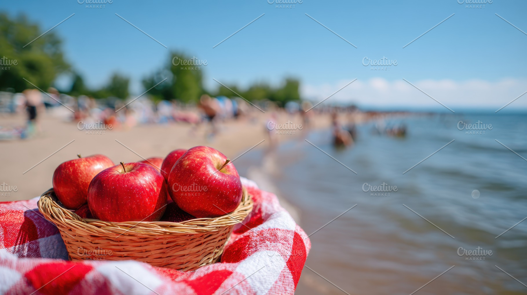 Basket of apples at the beach on a sunny day, a Food & Drink Photo by AlyaAnd