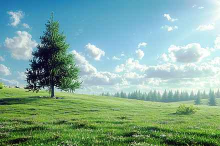 Lush green field under blue skies wi, a Photo by LOGOCREATIVE