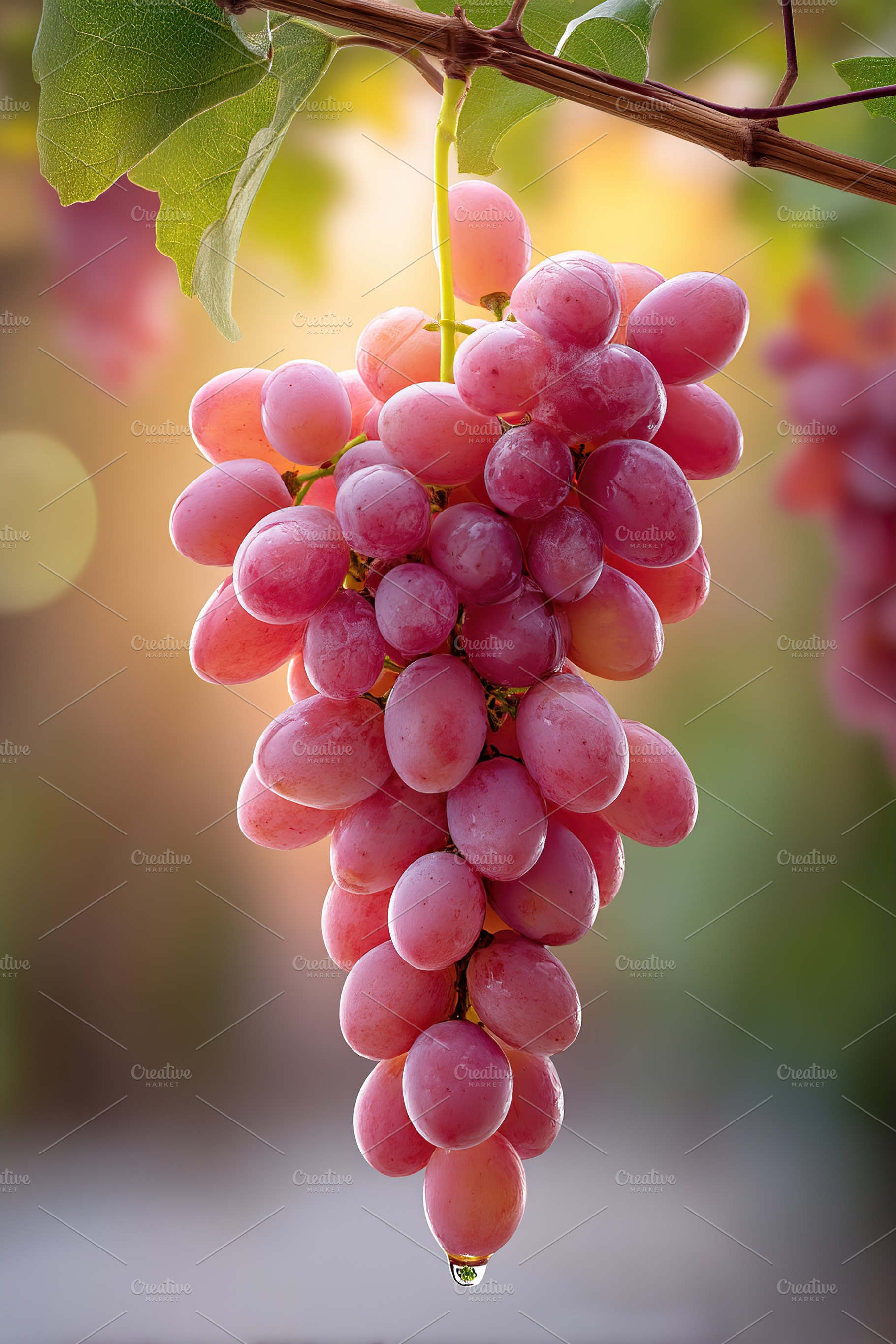 Bunch of ripe red grapes hanging from vine in warm sunlight with blurred backgr, a Food & Drink Photo by AlyaAnd