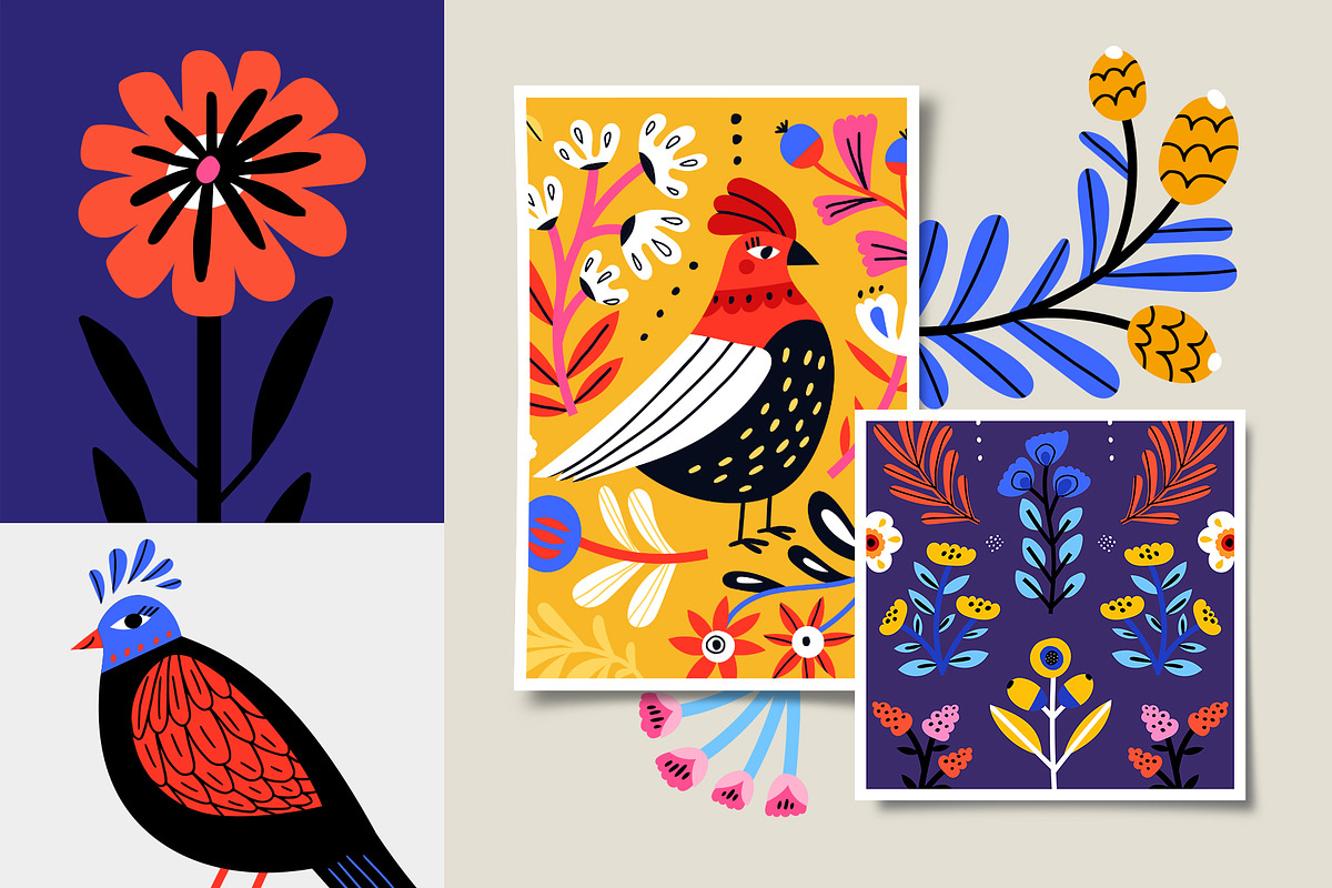 Birds & Flowers | Folk style clipart, an Animal Illustration by Olia (Photo 8 of 14)