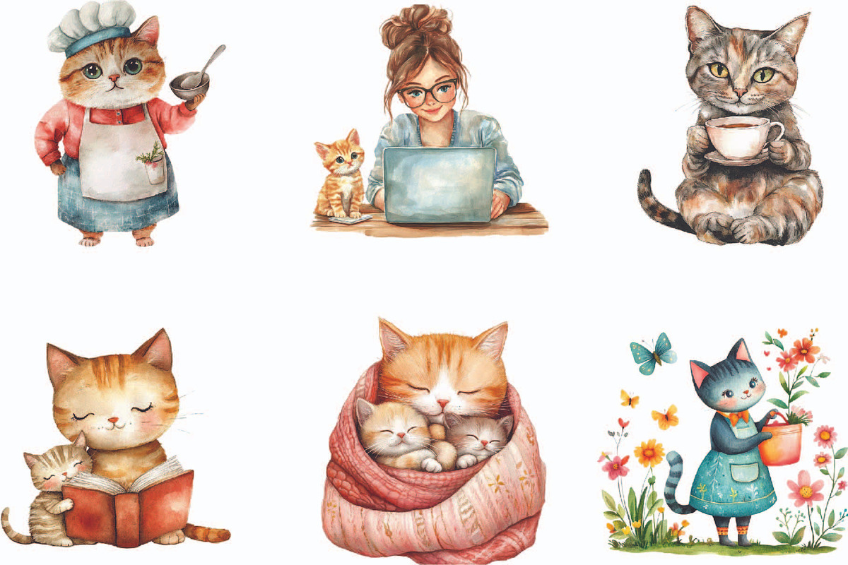 Watercolor Cat Mom Clip Art, an Illustration by Designking (Photo 7 of 10)