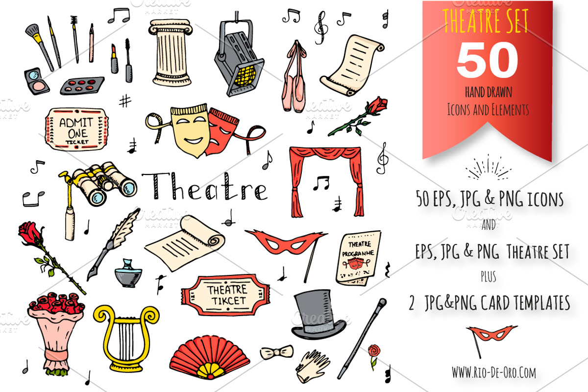 50 THEATRE hand drawn elements!, an Object Illustration by Natasha-Pankina.com (Photo 1 of 2)