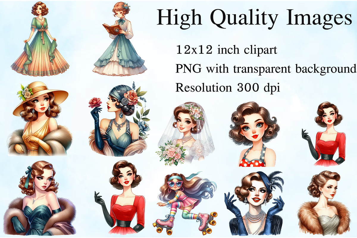 Vintage Fashion Women's Clipart, an Illustration by Craft Nest (Photo 2 of 5)