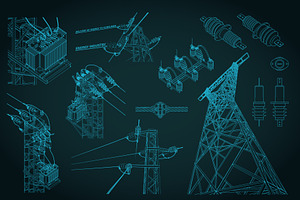 High voltage electrical lines Set, a Technology Illustration by Blacklight