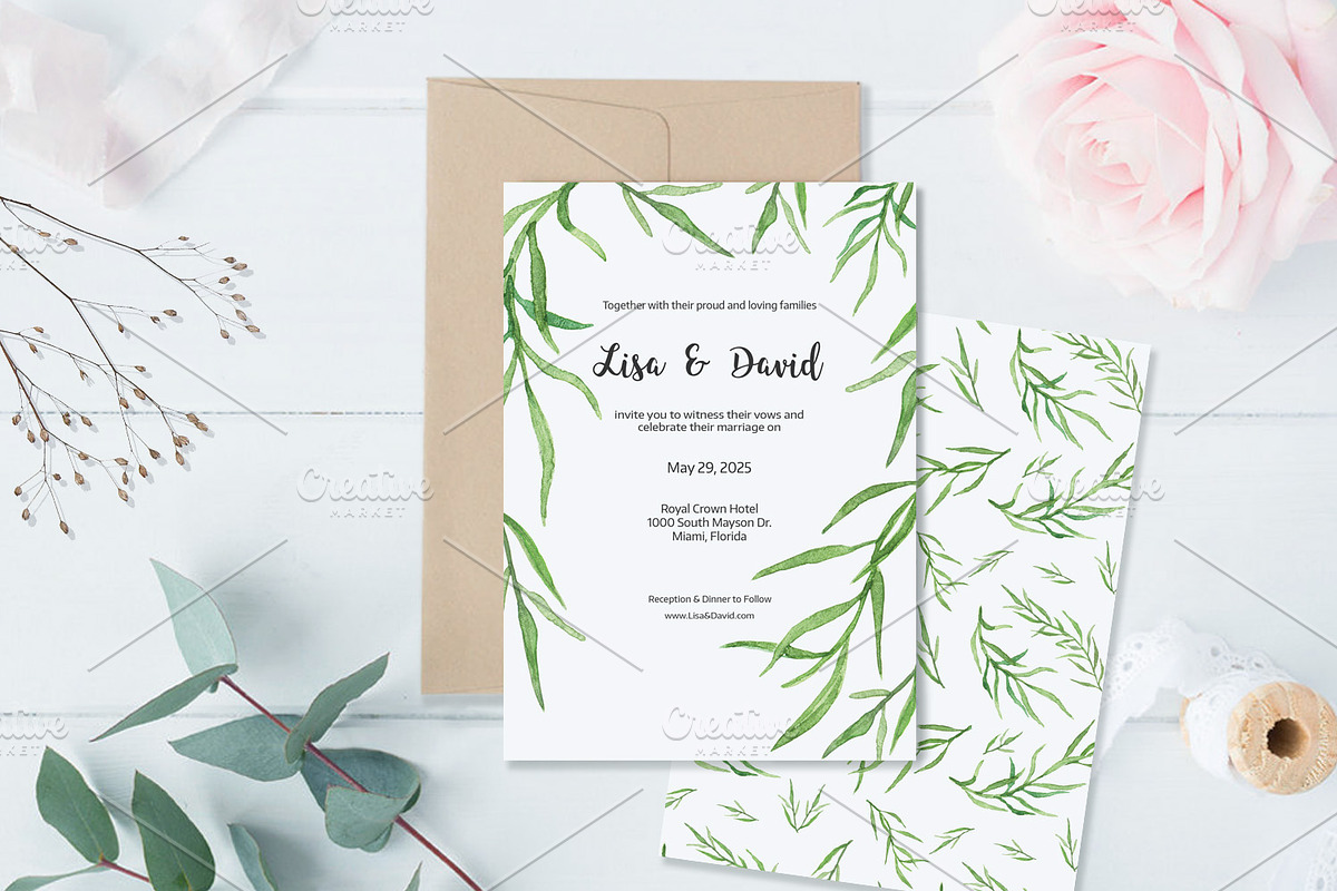 Leafy Watercolor Wedding Invitation, an Invitation Template by Love Design (Photo 4 of 7)