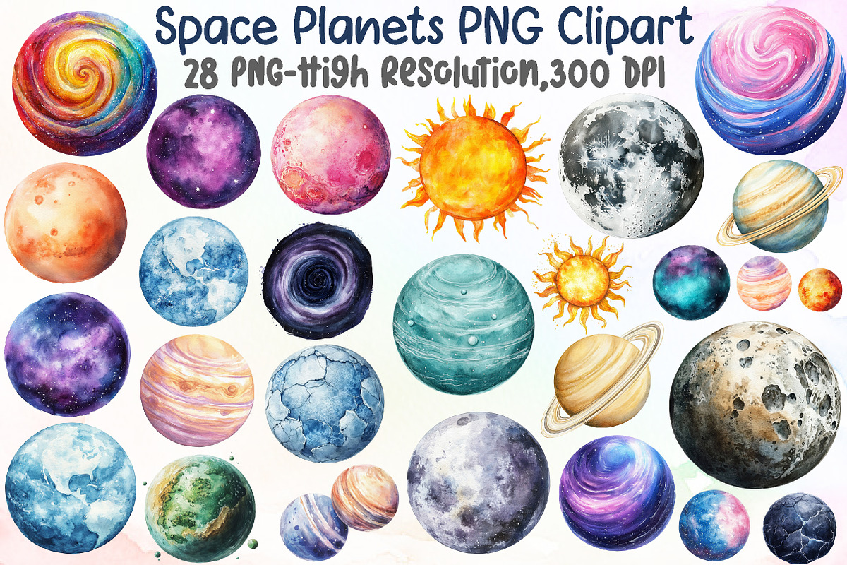 Watercolor Space Planets PNG Clipart, an Illustration by Sublimation Artist (Photo 1 of 6)